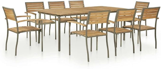 9 Piece Outdoor Dining Set, Solid Acacia Wood Garden Table with Steel Frame, Stackable Chairs for Patio