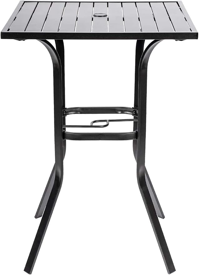 Patio Height Bar Table, Outdoor Bistro Square High Top Dining Table with 1.57'' Umbrella Hole & Steel Slat Table Top (Black)