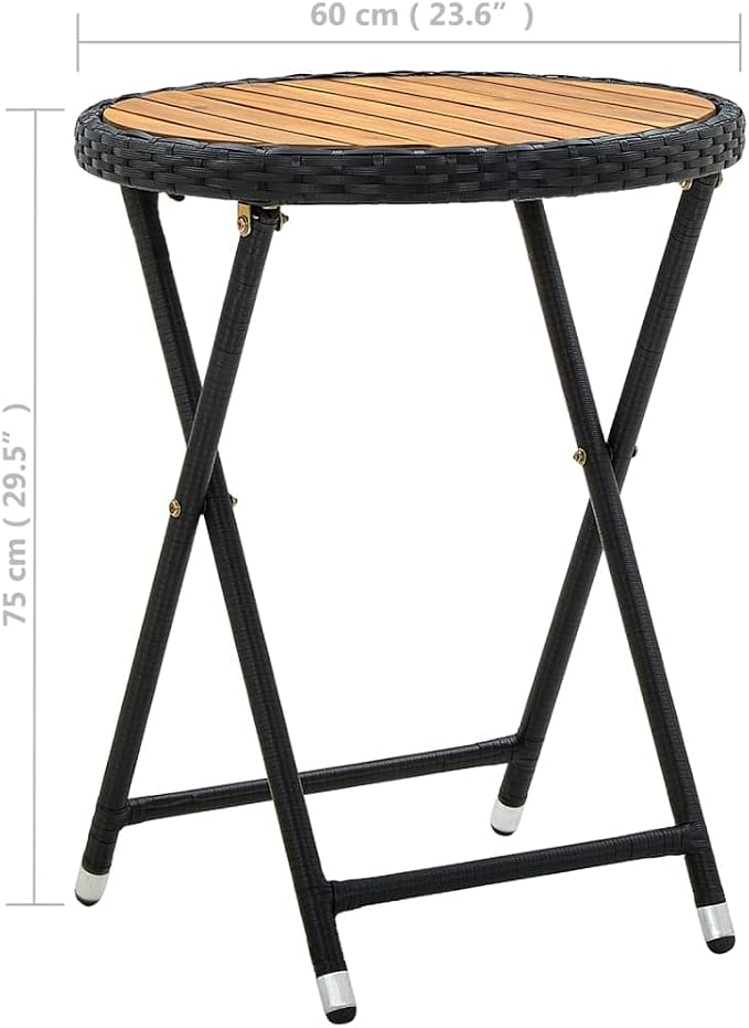 Rustic Style Outdoor Folding Table Small Foldable Acacia Wood Tea Table Compact Folding Tea for Garden Round Black PE Rattan