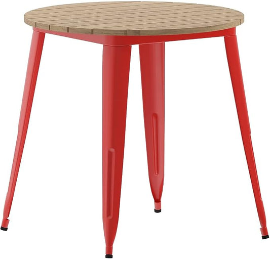 Flash Furniture Declan Commercial Outdoor Dining Table, All Weather Poly Resin Top with Steel Base, 30" Round, Brown/Red