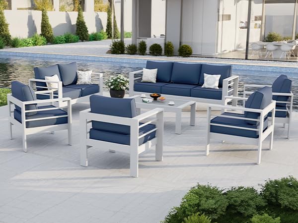 Aluminum Patio Furniture Set, 7 Piece Metal Outdoor Furniture Set, Patio Set with Waterproof Covers for Backyard Garden（White&Blue）