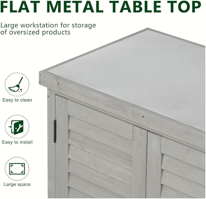 Sturdy Potting, Outdoor Storage Cabinet, Solid Wood Work Table, Metal Top, Louvered Doors, Magnetic Door, Gray, 31.5 17 36 Inch