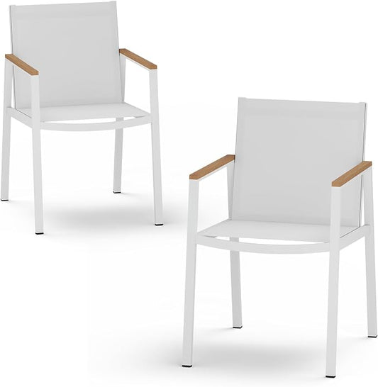 Outdoor Dining Chairs Set of 2, Aluminum Patio Dining Chairs with Textilene Fabric & HDPS Armrest for Ergonomic Design, All-Weather Outdoor Furniture for Garden and Indoor, White