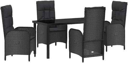 Afuera Living 5 Piece Poly Rattan Garden Dining Set, Black Finish, Includes Cushions, Durable UV-Resistant Materials, Lightweight Modern Design, Outdoor Patio Seating, Seats 4 for Garden Parties