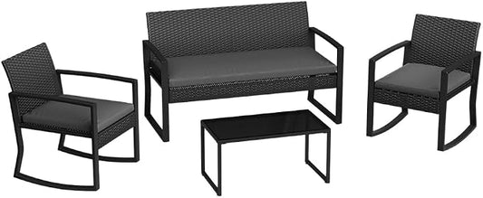 Garvee 4 Piece Patio Furniture Set, PE Rattan Outdoor Rocking Chair Conversation Set with Coffee Table, Outdoor Wicker Patio Table and Chairs Set for Patio, Porch, Backyard, Grey