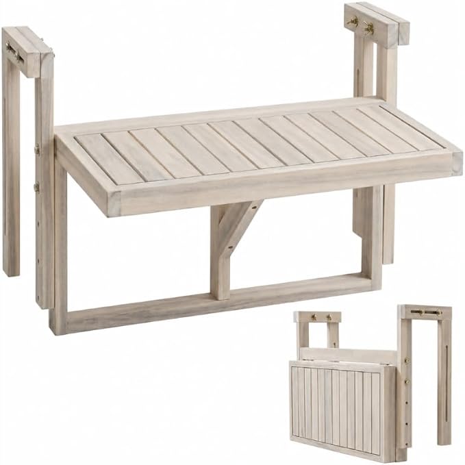 Acacia Wood Balcony Hanging Table – 1PCS Stable Fixed Outdoor Railing Table – Weather-Resistant White Finish – Adjustable Mounting for Small Balcony, Patio, and Porch – Heavy-Duty Deck Side Table