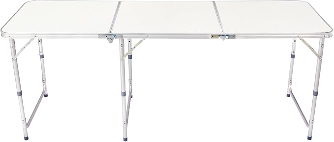 6 Ft Folding Portable Camping Table, Tri-fold Outdoor Picnic Table, Outdoor Camping Kitchen, BBQ, Picnic, Cooking, Beach, Garden, Party (White)