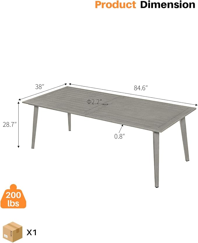 Outdoor Patio Dining Table for 8, Never-Rust Aluminum Outdoor Dining Table with 2.2" Umbrella Hole, 8 Person Patio Dining Table Furniture for Decks, Garden, Porch, Lawn, Limed Oak