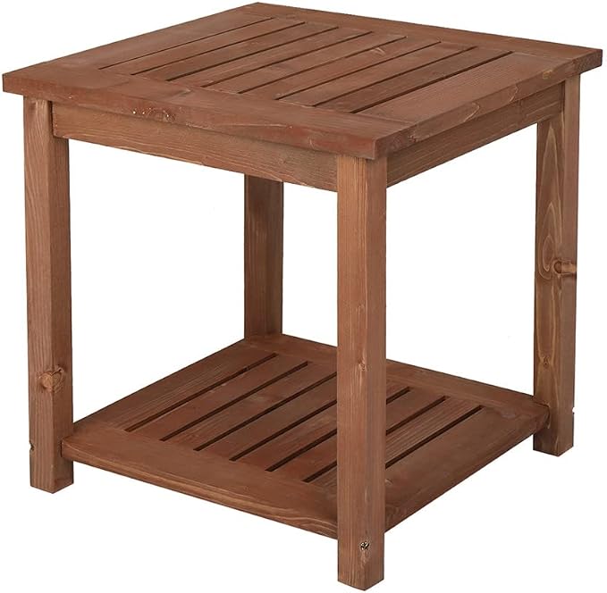 Wood Outdoor Side Table with Storage Shelves, Outdoor Side Table, Small End Tables for Patio, Wooden Accent Furniture for
