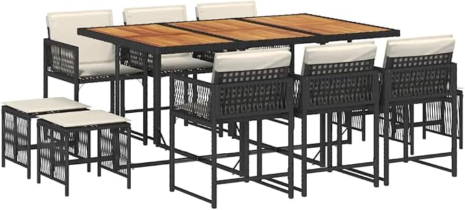 11 Piece Outdoor Dining Set with Cushions, 10-Seater Patio Table and Chairs, Space-Saving Cube Garden Furniture, Black Poly Rattan