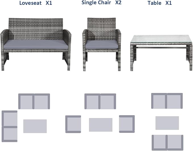 Tangkula 4 Pieces Patio Wicker Conversation Furniture Set, Patiojoy Sofa & Table Set w/4 Seats, Outdoor Rattan Sofa Set for Balcony Backyard, Wicker Chair Set with Tempered Glass Coffee Table