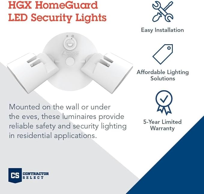 Lithonia Lighting HomeGuard 2-Light LED Outdoor Flood Lights, Dusk to Dawn | White Outdoor LED Lights, Adjustable Lumens, 4000K Cool White, Round Heads (HGX LED 2RH ALO 40K 120 PE WH M2)