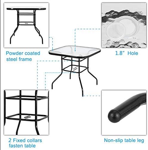 Outdoor Dining Table, Patio Bistro Tempered Glass Table Top with Umbrella Hole, Outside Banquet Furniture for Garden Pool Side Deck Lawn (Square)