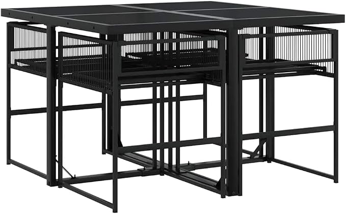5 Piece Garden Dining Set, Black PE Rattan Outdoor Patio Table and Foldable Chairs, 4 Person Rectangular Dinette Set with Tempered Glass Top for Backyard Deck Balcony