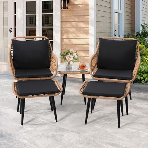 5-Piece Wicker Patio Furniture Set - 2 Chairs, 2 Ottomans & Side Table - Stylish Outdoor Conversation Set for Porch, Balcony, Deck & Backyard - Natural Finish