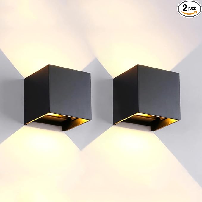Mille Lucciole 2 Pack LED Outdoor Wall Lights Exterior/Interior, Up and Down Lights IP65 Waterproof Wall Sconces, Square Aluminum Outdoor Wall Lighting Fixtures, Modern Black 12W 3000K Warm Lights