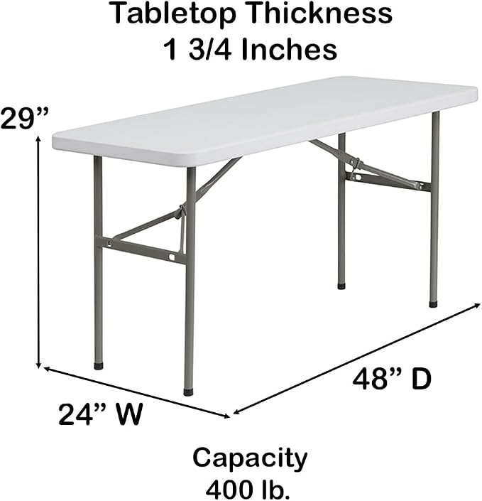 24" W x 48" D x 29" H Plastic Folding Utility Heavy Duty Table | Indoor Outdoor Dining Kitchen Wedding Market Events Camping BBQ
