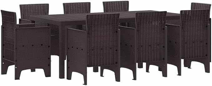 BOWERY HILL Poly Rattan Patio Dining Set, Brown Finish, Contemporary Outdoor Furniture, Lightweight and Durable, Cushioned Seats, Rectangular Shape, Seating for 8, Ideal for Garden or Patio Dining
