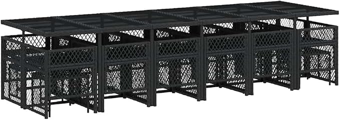 17-Piece Garden Dining Set with Cushions, Large Rectangular PE Rattan Outdoor Patio Table with 12 Folding Chairs and 4 Stools for Backyard, Deck and Terrace, Black and Cream