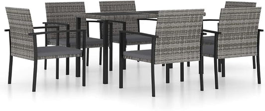 7 Piece Poly Rattan Patio Dining Set Gray | Steel Frame, Weather Resistant PE Rattan, Removable Seat Cushions, Lightweight