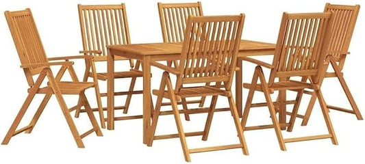 Afuera Living Contemporary 7 Piece Steel Garden Dining Set, Solid Acacia Wood and Brown Finish, Foldable Design, Outdoor Patio or Garden Furniture, Rectangular Dining Table and Chairs for 6