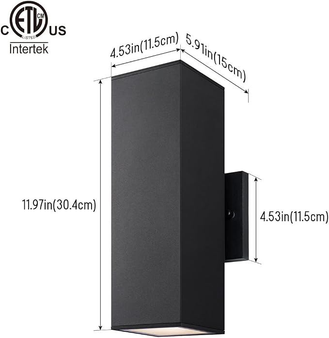 mirrea 12" Modern Outdoor Porch Light in 2 Lights, Matte Black, 6 Pack | Patio wall sconce, aluminum rectangular tube, tempered glass, waterproof. Up & down lighting for outdoor wall mount fixture.