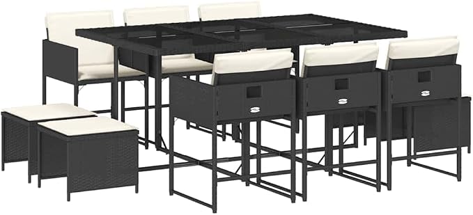 11-Piece Outdoor Dining Set for 10 People, UV-Resistant Poly Rattan Patio Furniture with Tempered Glass Table and Stackable Chairs, Black and Cream White