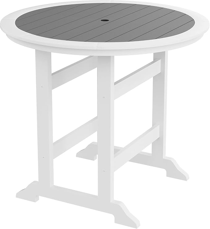 Outdoor Bar Table, Counter Height Round High Top Pub Table with 1.96" Umbrella Hole for Backyard Deck Balcony Front Porch White & Grey