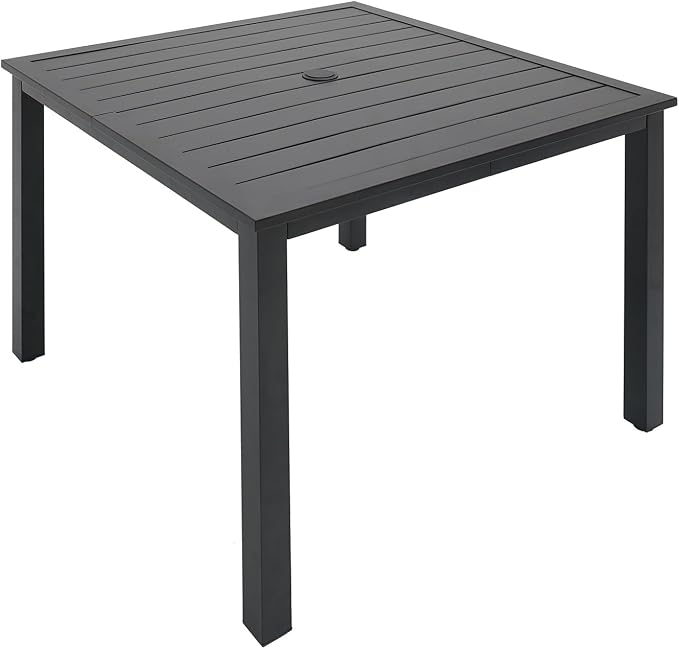 Anmutig Patio Table for 4, Metal Outdoor Dining Table with E-Coating, Square Steel Slated Outdoor Table with 1.57" Umbrella Hole for Garden Backyard, Black