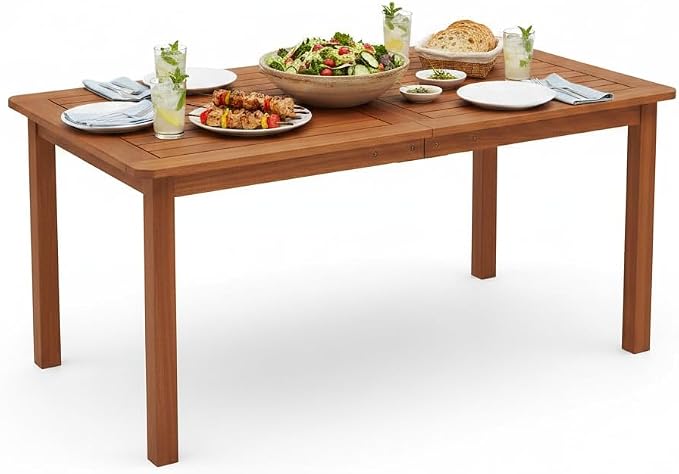Tangkula 59 Inches Hardwood Patio Dining Table for 6, Outdoor Solid Wood Dining Table with Umbrella Hole & Teak Oil Finish, Rectangular Outside Dining Table for Backyard, Porch, Deck, Garden
