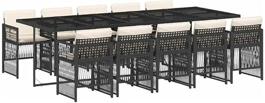 Afuera Living 11-Piece Poly Rattan Garden Dining Set, Black/Cream White, UV-Resistant, Powder-Coated Finish, Rectangular Table with Cushioned Chairs, Outdoor Patio Furniture for Garden or Terrace