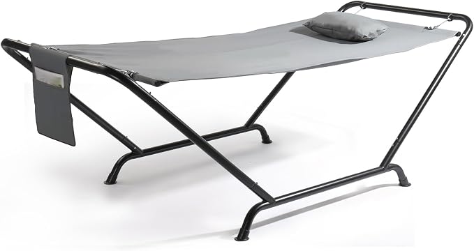Freestanding Hammock with Stand, 600lbs Capacity Heavy Duty Outdoor Hammock Bed with Detachable Soft Pillow and Side Storage Pocket, Portable Gray Hammock for Patio Garden (Gray)