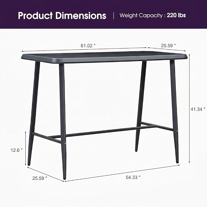 PURPLE LEAF Outdoor Bar Table Rectangular Bar High Pub Dining Table with Waterproof Tabletop for Patio Garden Balcony Dark Grey