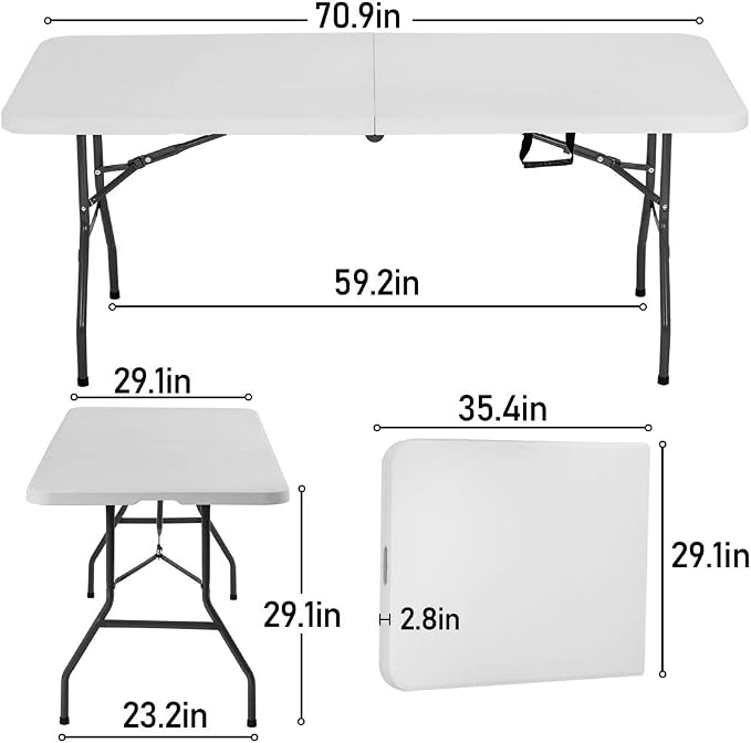 6FT Folding Table, Fold-in-Half Portable Plastic Table with Handle, Heavy Duty HDPE, 500 lbs Capacity, Waterproof & Scratch-Resistant, Locking Legs, Anti-Slip Feet for Indoor Outdoor Party Picnic