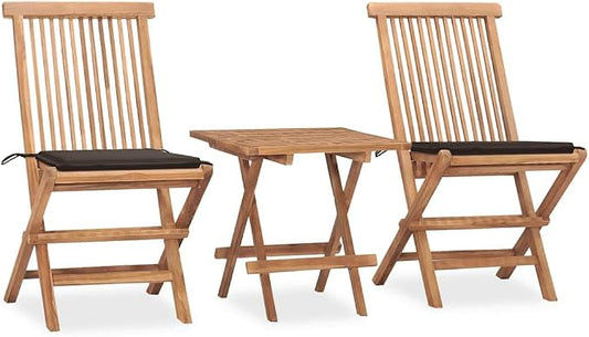 3-Piece Folding Patio Dining Set, Solid Teak Wood Outdoor Bistro Set with Square Table and 2 Chairs with Taupe Cushions, Space-Saving Furniture for Garden, Balcony, and Deck