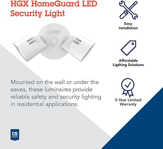 Lithonia Lighting HomeGuard 2-Light LED Outdoor Flood Lights, Wall or Ceiling Mount Outdoor Lights, 4000K Cool White, Round Heads, White, 2-Pack (HGX LED 2RH 40K 120 WH CP2 M2)