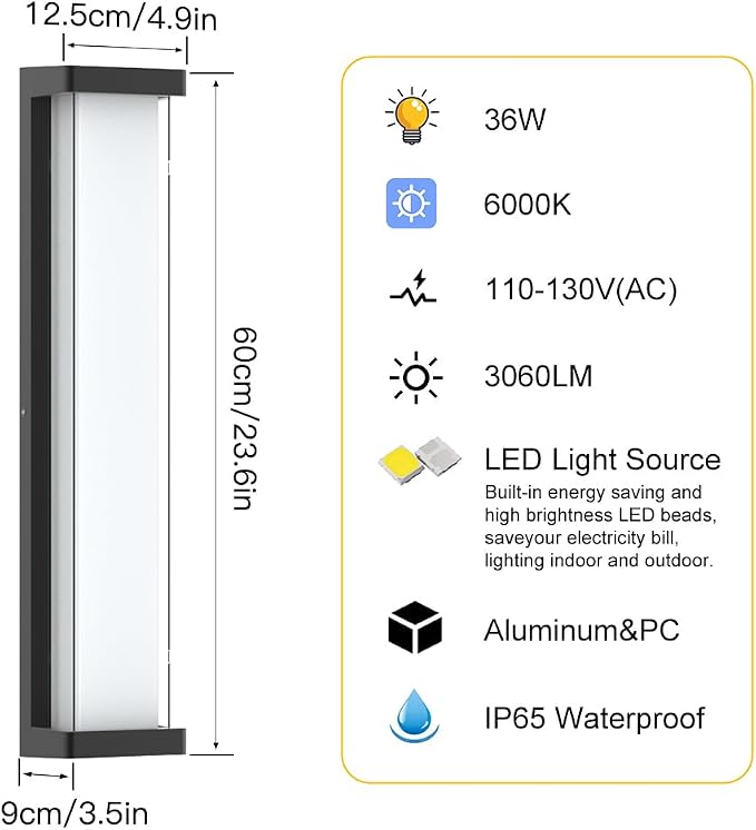 23.6in Outdoor Wall Lights 2Packs,10%-100% Dimming LED Modern Patio Wall Light Fixture, Black Exterior Sconce for Garage Courtyard Commercial House(6000K)