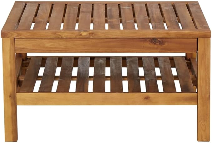 3 Piece Patio Conversation Sofa Set with Cream White Cushions, Acacia Wood Patio Furniture Set with Middle Sofa, Coffee Table, Footrest for Porch, Deck, Backyard,-420