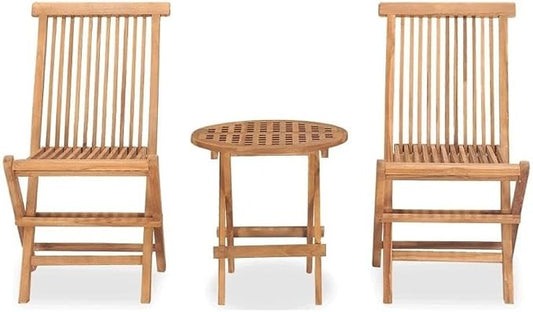 BOWERY HILL 3-Piece Teak Hardwood Outdoor Dining Set, Smooth Sanded Finish, Natural Brown, Round Table with 2 Foldable Chairs, Weather-Resistant, Compact Design for Patio or Garden Dining