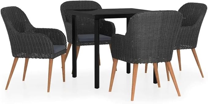 BOWERY HILL 5-Piece Patio Dining Set, 31.5 in Square Table with 4 Chairs, Black Poly Rattan and Powder-Coated Steel, Removable Cushions, Compact Weather-Resistant Garden Furniture for Outdoor Terrace