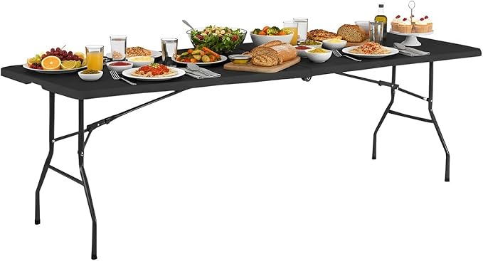 8FT Folding Table, Heavy Duty Foldable Dining Table, Portable Plastic Picnic Table with Handle, Indoor Outdoor Camping Table, Fold-in-Half Rectangular Banquet Party Table – Black