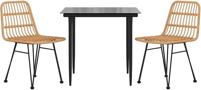 3 Piece Patio Dining Set, PE Rattan Bistro Set with Square Tempered Glass Table and 2 Dining Chairs, Outdoor Furniture for Porch Backyard Balcony and Small Spaces, Black
