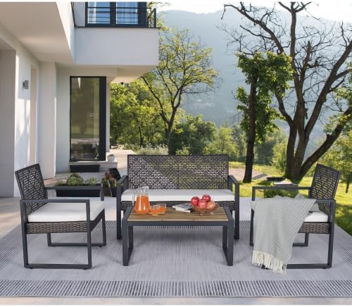 4-Piece Patio Furniture Set,Outdoor Wicker Conversation Sets with Wood Coffee Table,Heavy Duty PE Rattan Sectional Sofa Couch w/Washable Cushions for Backyard Balcony Porch Poolside (Vintage Brown)