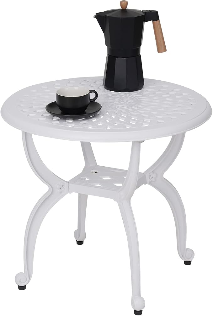 YKSY&YKSY Jardin DE Centennial Cast Aluminum Outdoor Side Table,Anti-Rust Outdoor End Table,Patio Coffee Bistro Table for Indoor,Garden,Porch,Balcony(Round White)