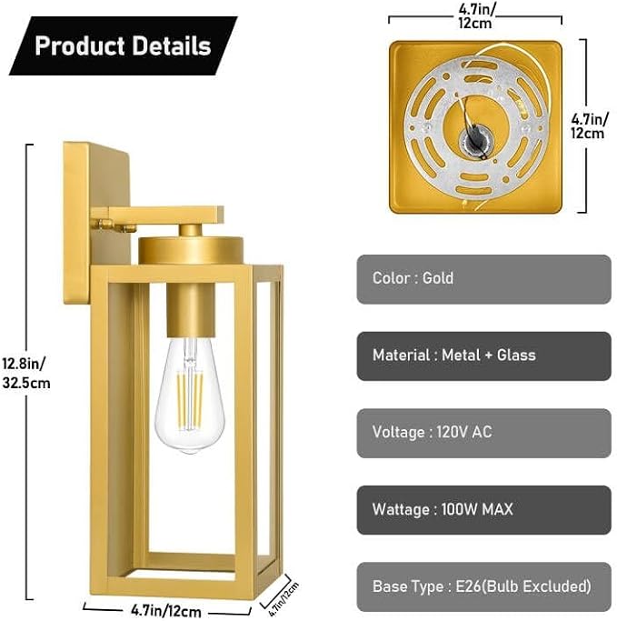 BesLowe Outdoor Wall Light Fixtures, Gold Exterior Wall Lanterns | Waterproof Metal Construction, Rust-resistant, Quick & Easy Installation, Clear Glass Shades & Standard E26 Socket