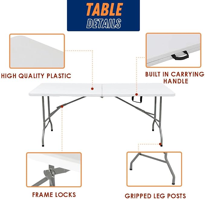 Folding Table Indoor Outdoor Heavy Duty Portable Folding Plastic Dining Table w/Handle, Lock for Picnic, Party, Camping - White (4ft, 6ft, 8ft) (6ft)