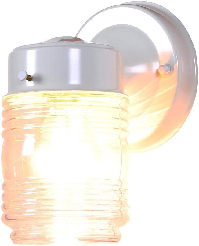 Design House Jelly Jar 1-Light Outdoor Wall Lantern, White Finish, Clear Ribbed Glass, Wet Rated Exterior Porch Light for Patio, Garage, Entryway, Front Door, and Deck, 500181 | Wall Mount, Traditional, Steel, Lighting, 500181