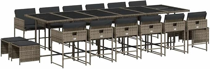 17 Piece Patio Dining Set with Cushions Gray Poly Rattan Outdoor Table and 12 Chairs Folding Space Saving Glass Top for Garden Backyard Poolside Entertaining UV Proof 242.5 lb Capacity