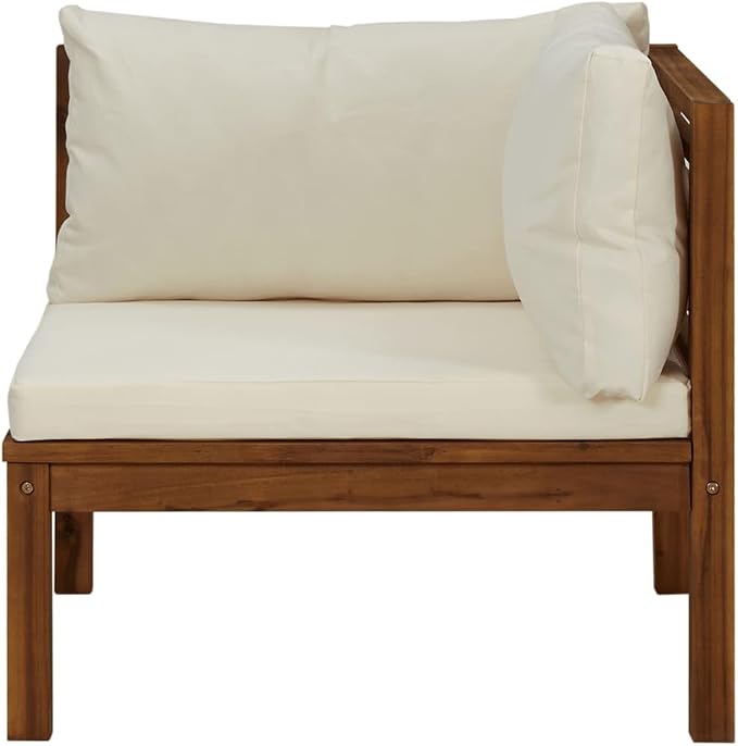 2 pcs Corner Sofas with Cream White Cushions, Solid Acacia Wood Outdoor & Indoor Garden Corner Chair with Sofa Cushion, Outdoor Conversation Set Sectional Sofa,-418