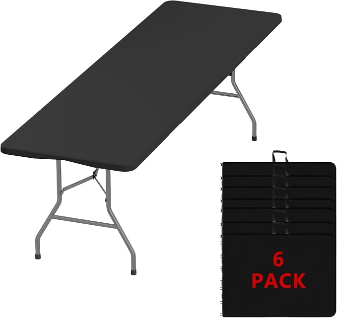 8FT Folding Tables – Heavy Duty Portable Foldable Picnic Table with Built-in Handle, 450 lb Capacity – Ideal for Events, Parties, Crafts, Camping & Dining (6-Pack, Black)
